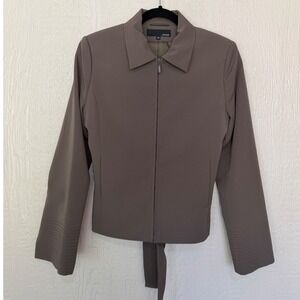 Hennes Women Taupe Brown Zip Front Belted Jacket Size 40 Pointed Collar Cuff EUC